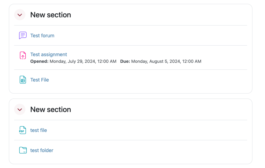 a visual display of custom sections in Moodle